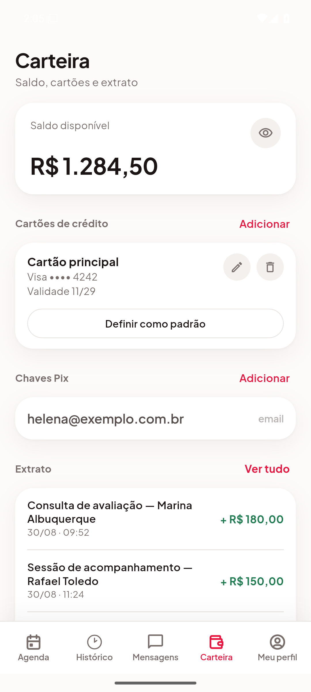 Tela de carteira do Appointment com saldo disponível de R$ 1.284,50, um cartão de crédito e uma chave Pix cadastrados, e o extrato listando recebimentos de atendimentos com data e horário.